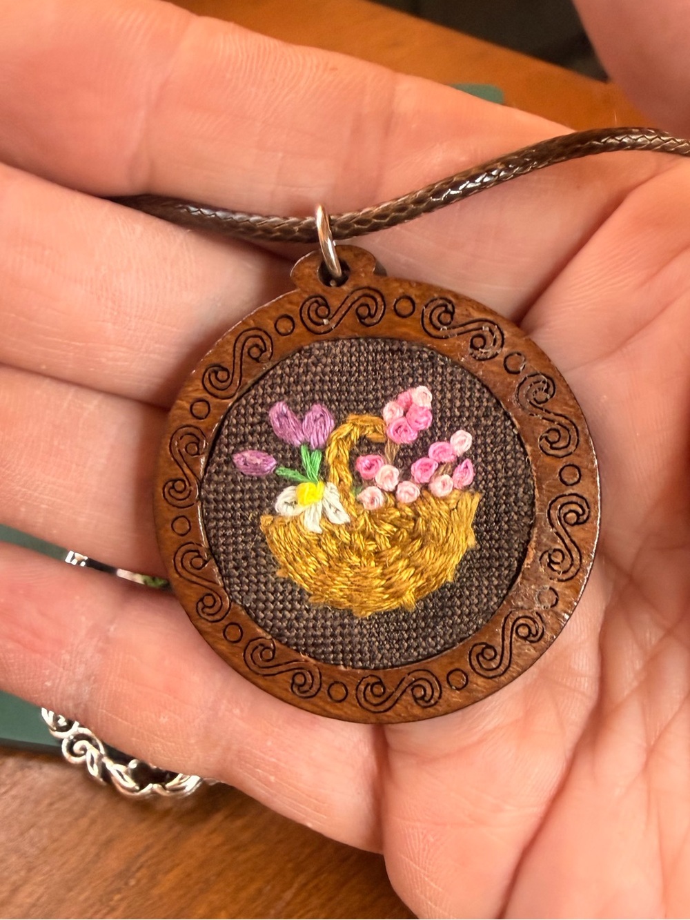 Hand Embroidered Basket Pendant | Tiny Textile Art Necklace | Handmade Floral